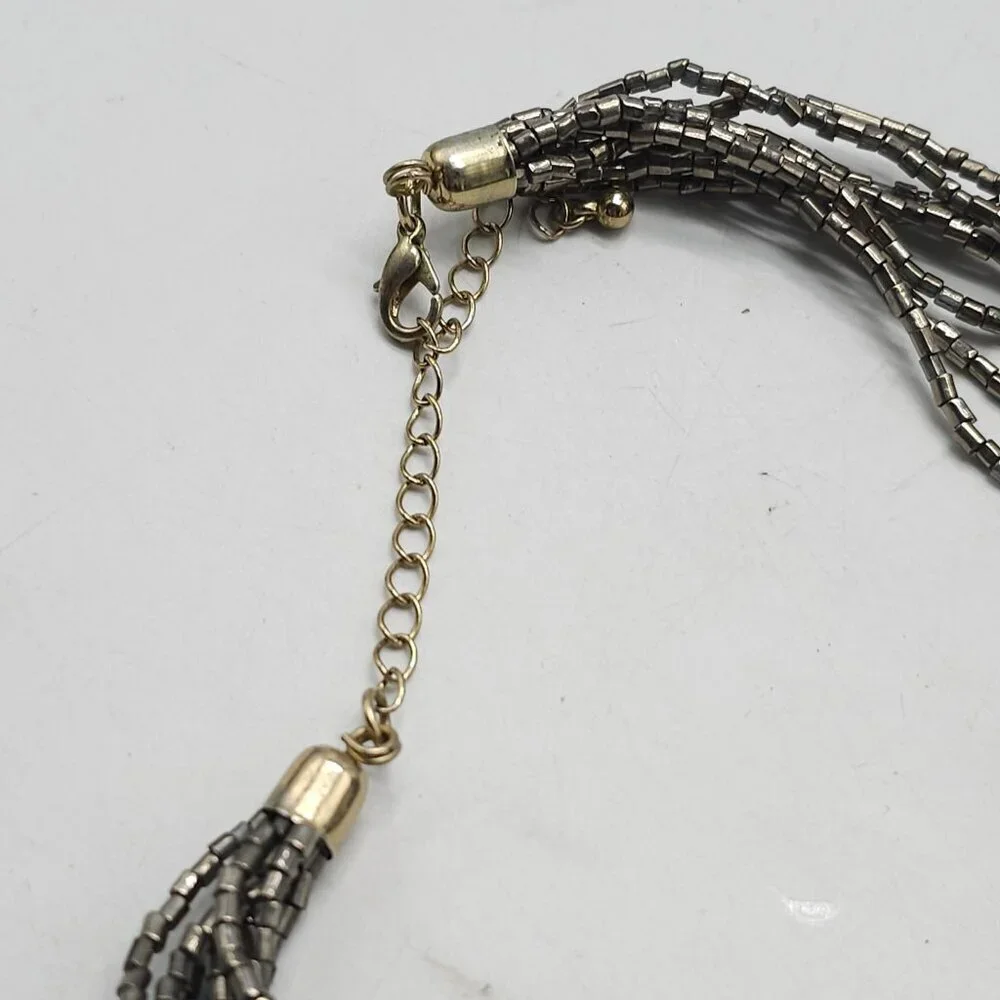 Braided Metallic Silver Beaded Necklace With Adjustable Lobster Clasp Closure